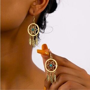 Gold Dreamcatcher Earrings with Turquoise Accents